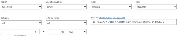 Screenshot of VM configurations in the Azure Pricing Calculator