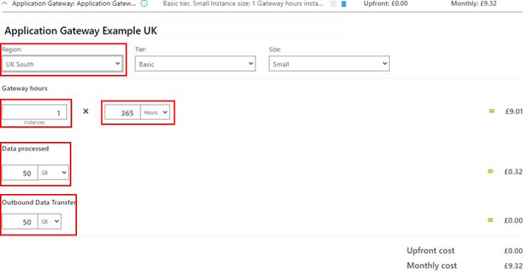 Application Gateway setup in Azure Pricing Calculator