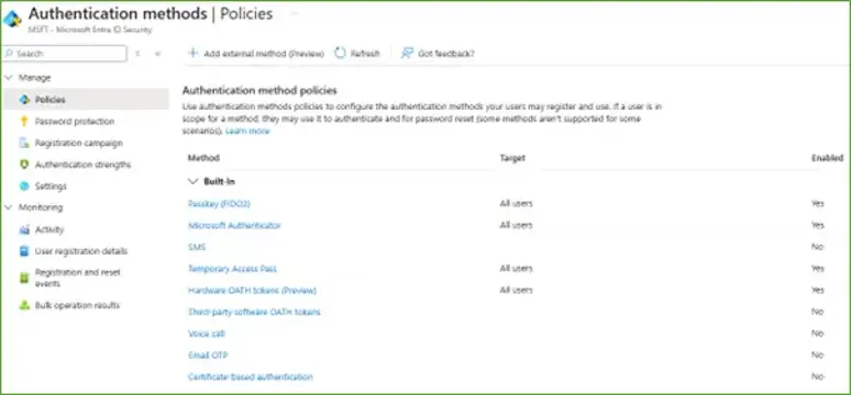 Authentication methods policies snapshot in Microsoft Azure