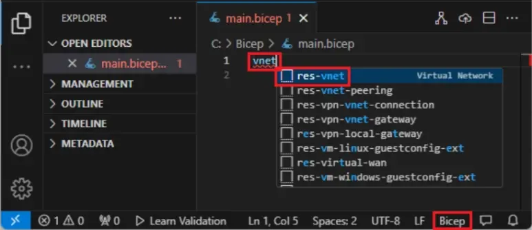 Visual Studio Code interface showing Bicep code with "vnet" and "res-vnet" highlighted within a list of Azure resource definitions.