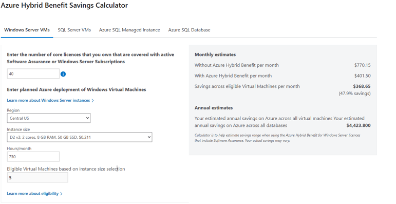 Azure Hybrid Benefit Savings Calculator web page showing input fields for core licenses, planned Azure deployments, region, instance size, hours/month, and eligible virtual machines.