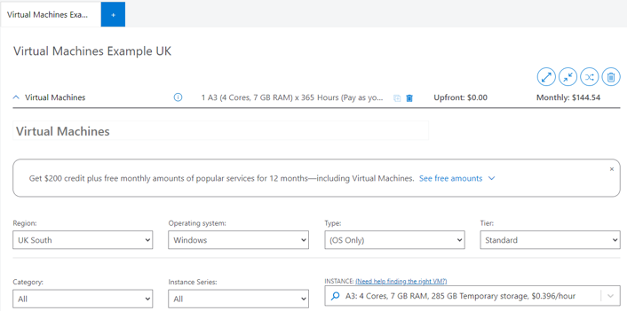 Azure Pricing Calculator configuration settings for example