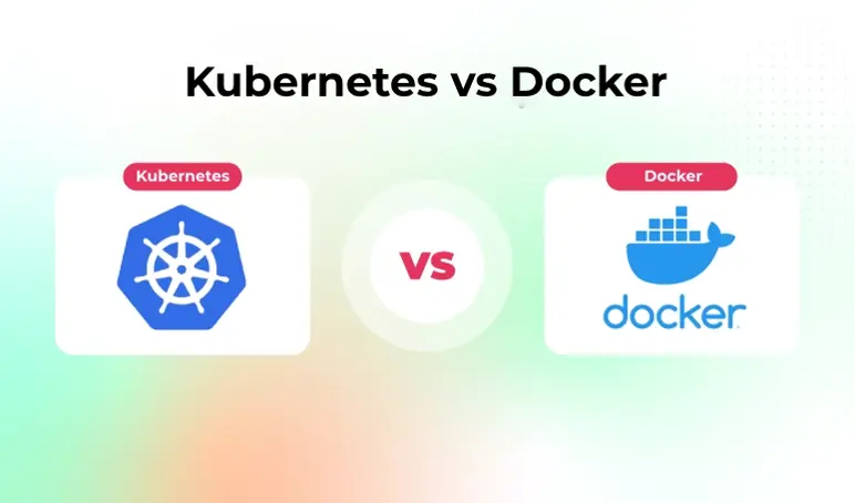 Comparison graphic showing Kubernetes and Docker logos, with a "VS" label between them.