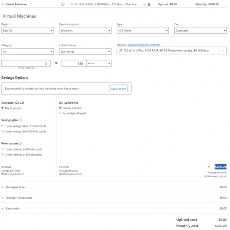 Azure virtual machine pricing options for a D2 v3 instance with 2 vCPUs, 8 GB RAM, and 50 GB temporary storage, showing hourly and monthly costs.