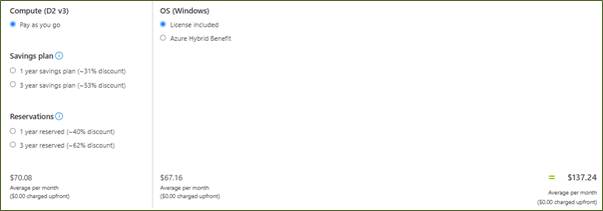 Table displaying pricing options for compute (D2 v3) and OS (Windows) services, including savings plans and reservations, with monthly costs.