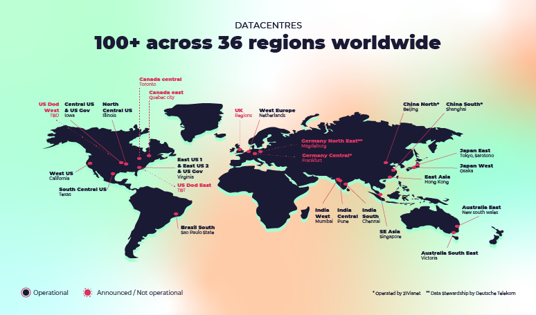 World map showing over 100 datacenters of Microsoft Azure across 36 regions, with labels for locations in North America, South America, Europe, Asia, and Australia.