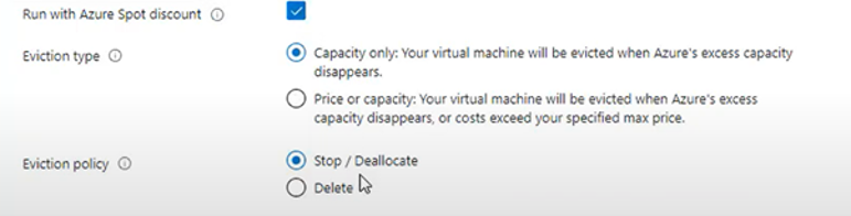 Selecting the eviction policy and eviction type in the Azure Portal when creating a VM