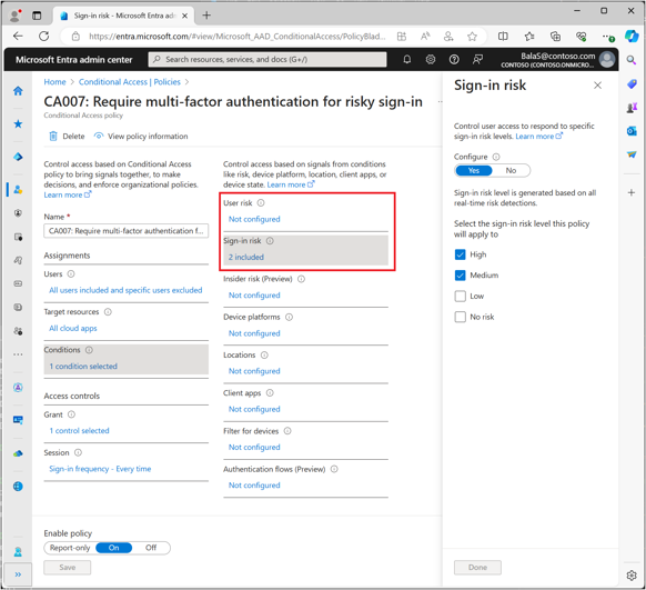 Microsoft Entra admin center displaying the CA007 Conditional Access policy configuration screen highlighting the "Sign-in risk: 2 included" setting alongside a configuration pane for Sign-in risk levels.