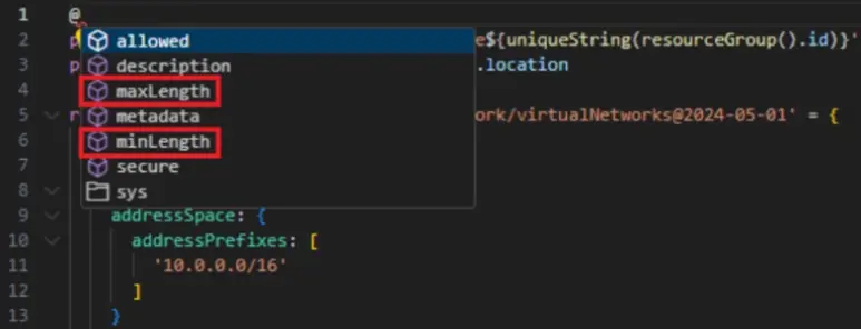 Azure Bicep extension in Visual Studio Code editor displaying decorators with with maxLength and minLength options highlighted.