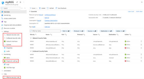 Screenshot of the Network security group page in the Azure portal.