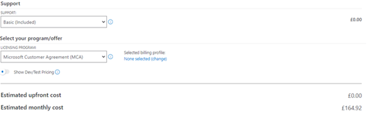 Support and program choices in Azure Pricing Calculator