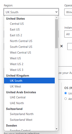 Choose region in Azure Price Calculator