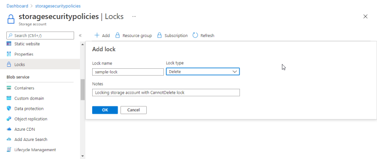 Voorbeeld van een resource lock in het Azure-portal.