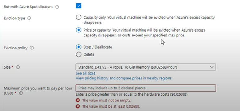 Setting the maximum price in the Azure Portal when creating a virtual machine