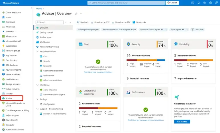 Azure Advisor Screenshot of an overview