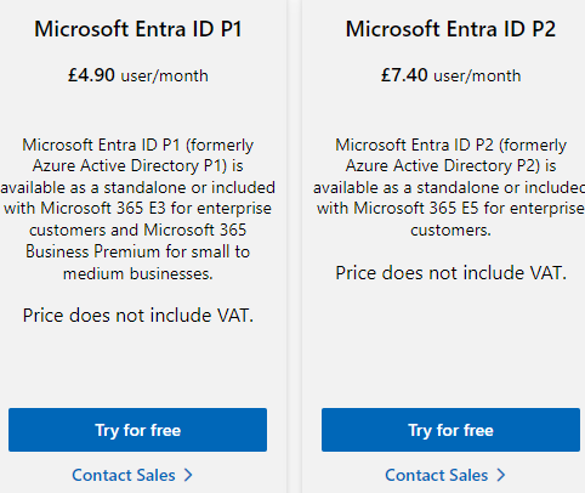 Microsoft Entra ID Prices P1 and P2