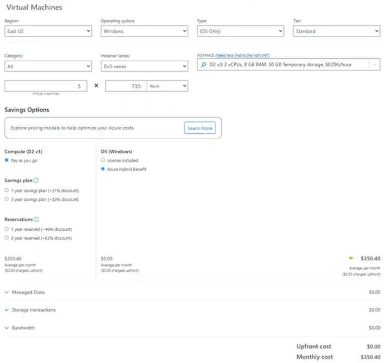 Azure virtual machine pricing options for Dv3-series instances, including compute, operating system, savings plans, and reservations.