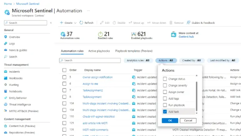 Microsoft Sentinel automation rules, playbooks, and actions list displayed in a software interface.