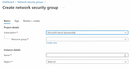 Microsoft Azure portal page for creating a network security group, showing fields for subscription, resource group, name, and region.