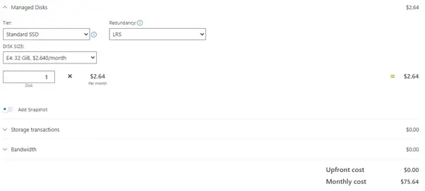 Screenshot of the Azure Pricing Calculator showing adding Azure managed disks