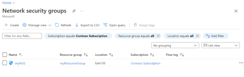 Screenshot of showing NSGs in the Azure portal