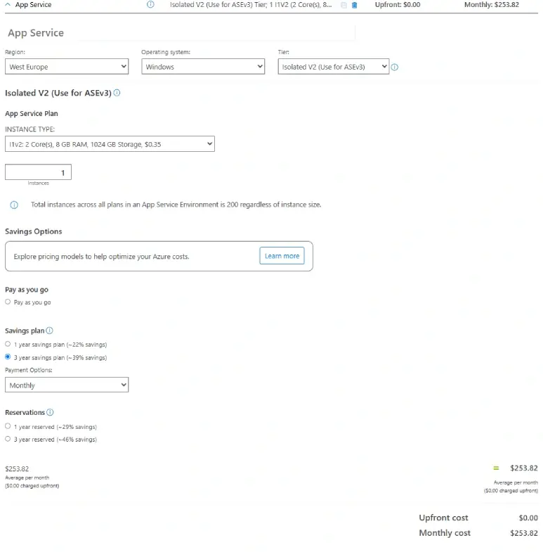 Azure App Service pricing details for Isolated V2 (Use for ASEv3) with Windows, including instance type, monthly cost, and savings options.