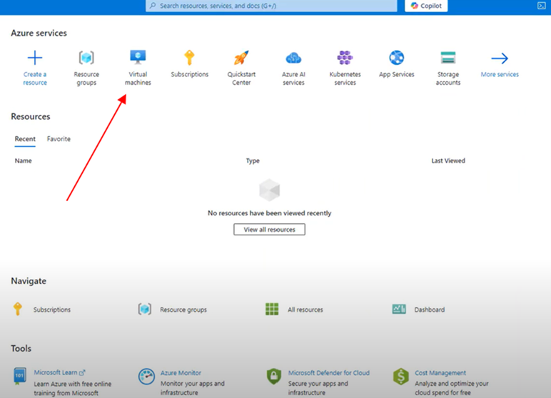 Where to find the Virtual Machine in the Azure Portal