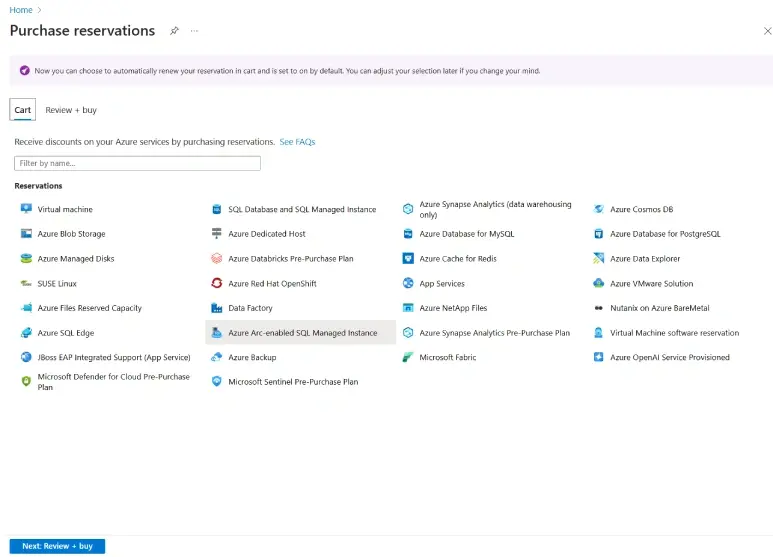 Azure purchase reservations list with various options and icons.