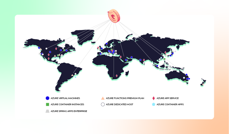 World map displaying global Azure cloud services locations eligible for Savings Plans, including virtual machines, container instances, Spring apps, functions, app service, dedicated host, and container apps.