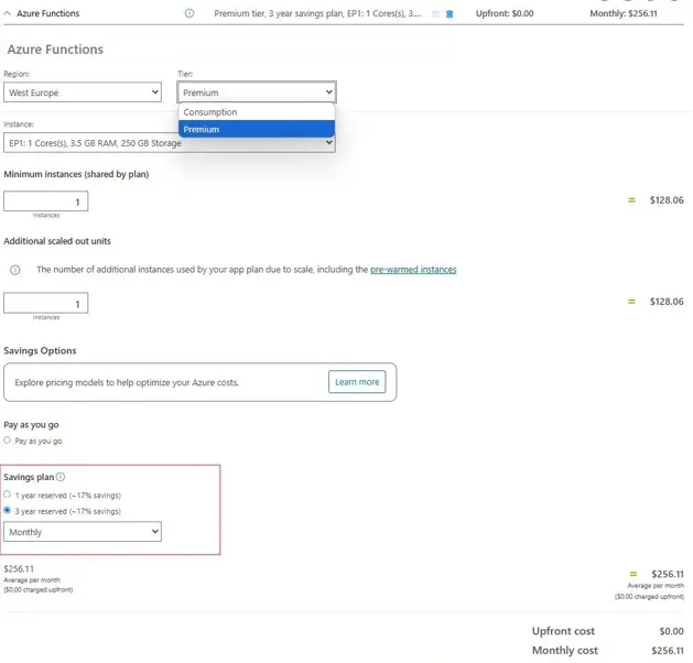 Azure Functions pricing plan configuration screen showing region, pricing tiers, minimum instances, additional scaled-out units, and savings options.
