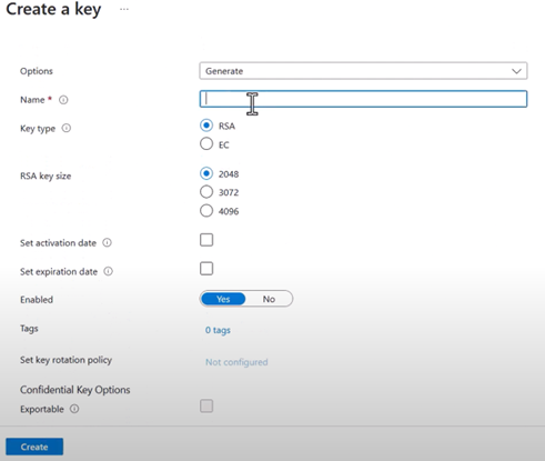 Key creation settings window with options for name, type (RSA or EC), size (2048, 3072, or 4096), activation/expiration dates, enabled/disabled status, and tags.