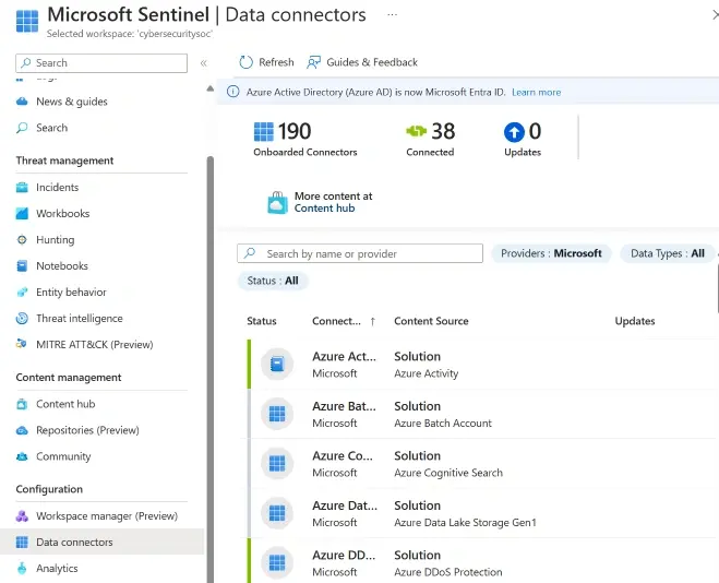 Microsoft Sentinel data connectors list, showing 190 onboarded connectors, 38 connected, and 0 updates.