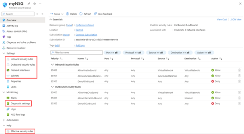 Screenshot van de Network security group pagina in de Azure portal.