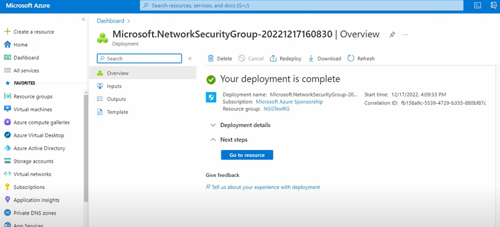 Microsoft Azure dashboard showing a completed deployment of Network Security Group (NSG)