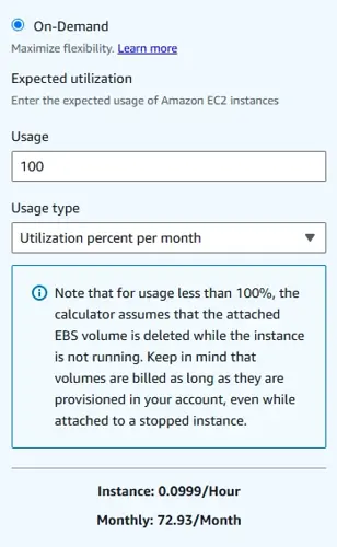 AWS pricing calculator showing on-demand EC2 instance usage with 100% utilization per month and cost details.