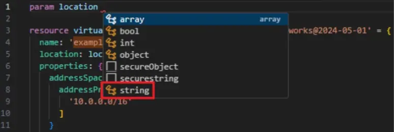 Screenshot of code with a dropdown menu highlighting "string".