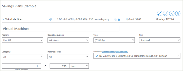 Savings plan example form for virtual machines, specifying region, operating system, type, tier, and instance series.