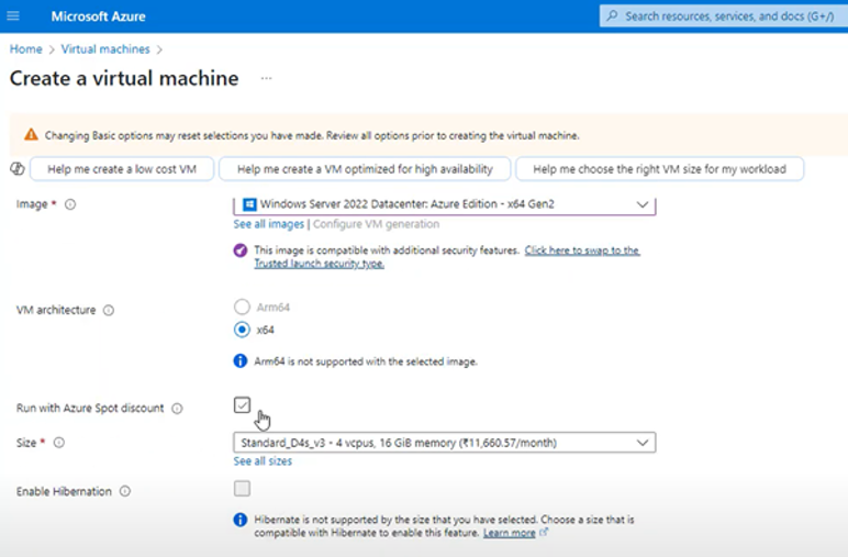 Selecting the tick box Spot VM in the Azure Portal when creating a VM