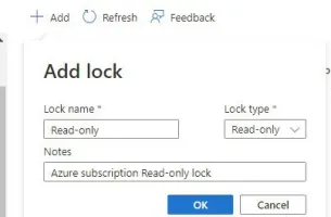 Screenshot van het toevoegen van een ReadOnly resource lock in een Azure-subscription