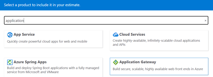 Azure Pricing Calculator searching for application gateway